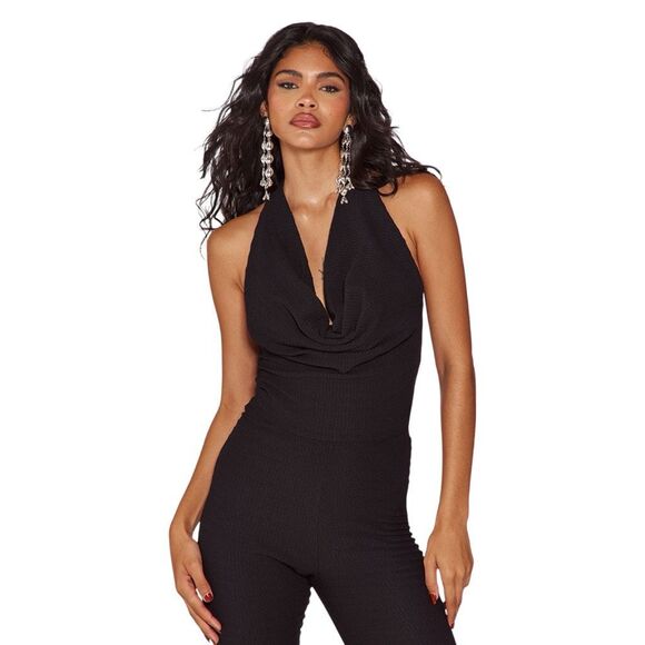 PrettyLittleThing Black Textured Halterneck Top - Size 4 - Picture 1 of 6